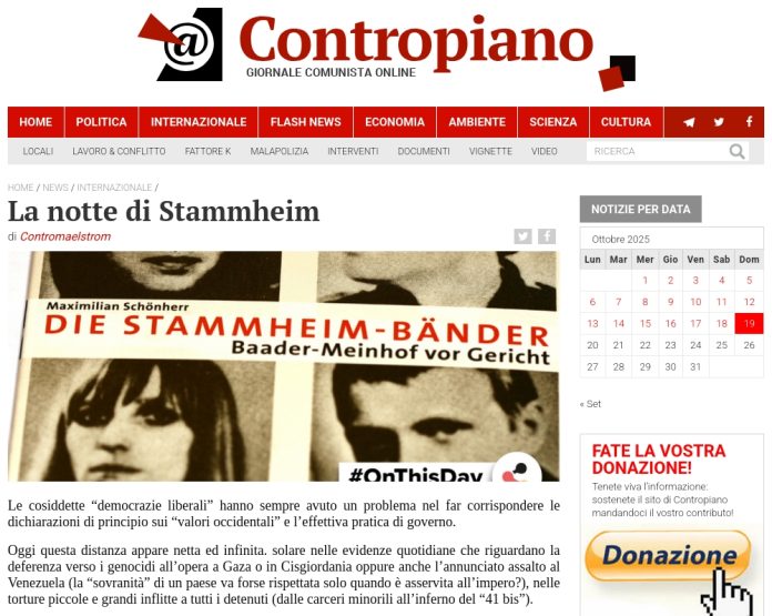 ”La notte die Stammheim“ في Contropiano. المصدر: Contropiano، لقطة شاشة: برلين، 19.10.2025، الساعة 15:30